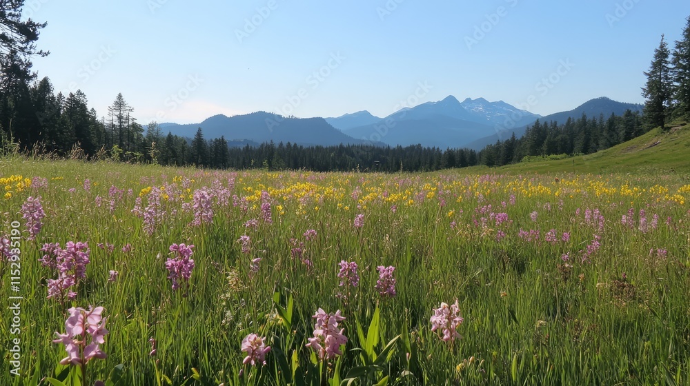 Vibrant meadow filled with orchid flowers and mountains in the background under clear blue skies Vibrant meadow filled with orchid flowers and mountains in the background under clear blue skies