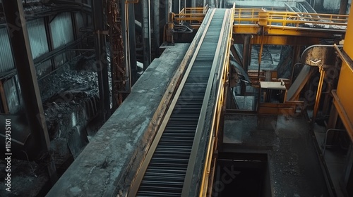 Wallpaper Mural Industrial material transfer conveyor system in a manufacturing facility with warehouse backdrop and operational machinery for efficient logistics. Torontodigital.ca