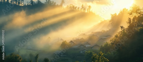 Ethereal morning light illuminating a tranquil village nestled among misty hills at sunrise photo