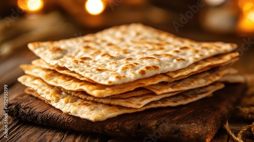 Traditional matzo stacked on a rustic wooden board with warm glowing background, symbolizing Jewish heritage and Passover celebrations. photo