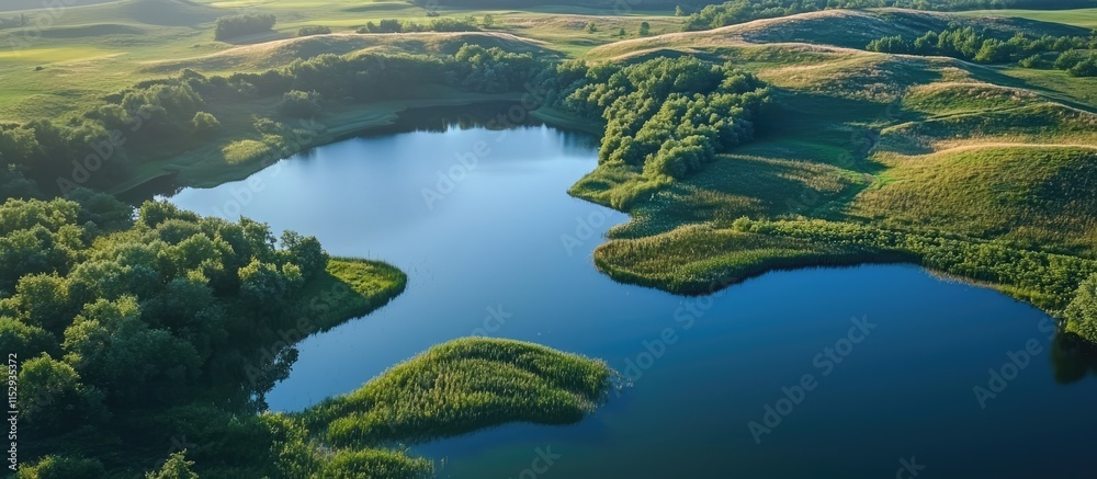 Serene Aerial View of Lush Green Lakes Surrounded by Rolling Hills in a Natural Park Landscape Serene Aerial View of Lush Green Lakes Surrounded by Rolling Hills in a Natural Park Landscape