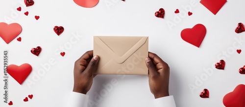 Male hands presenting blank envelopes and red hearts on a white background symbolizing love and heartfelt messages for various occasions photo