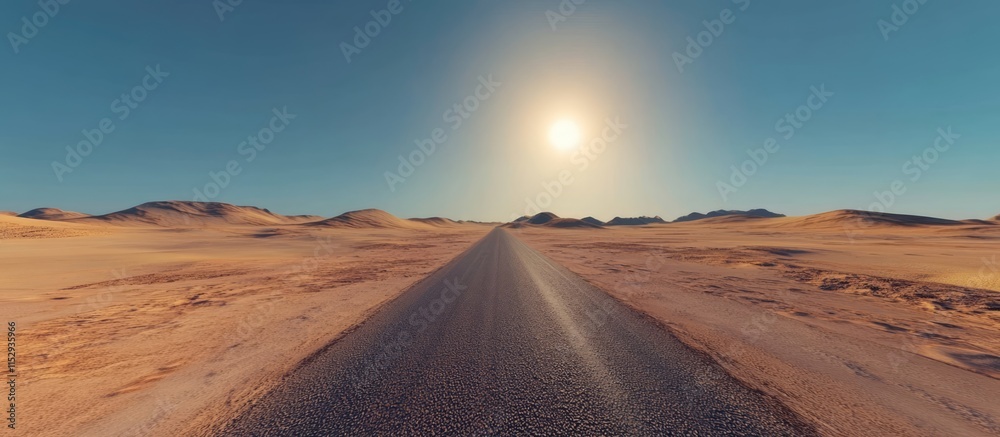 Desolate asphalt road stretching through an arid desert landscape under a bright sun in a clear blue sky Desolate asphalt road stretching through an arid desert landscape under a bright sun in a clear blue sky