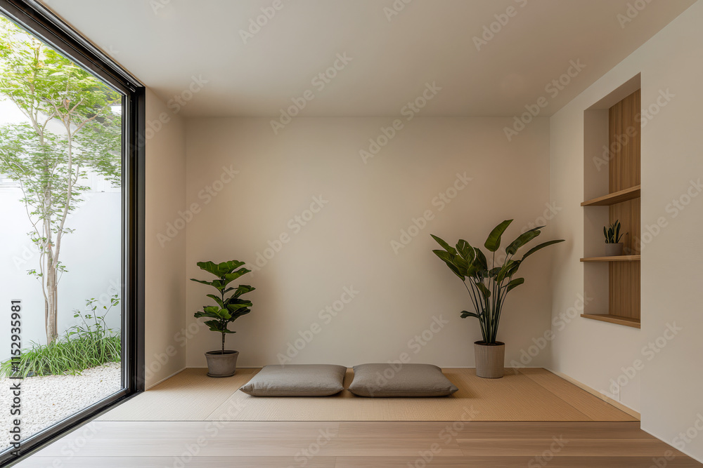 Fototapeta premium Relaxing minimalist interior design with indoor plants and natural light