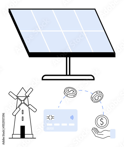 Solar panel, traditional windmill, credit card, and coins interacting with an open hand illustrate sustainable investments. Ideal for renewable energy, financial growth, eco-friendly practices