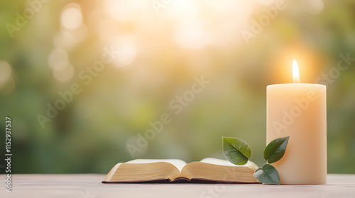 An image featuring a Bible and prayer, illuminated with bright colors, symbolizing spiritual devotion and faith. The scene conveys a sense of tranquility and reverence, capturing the essence of prayer