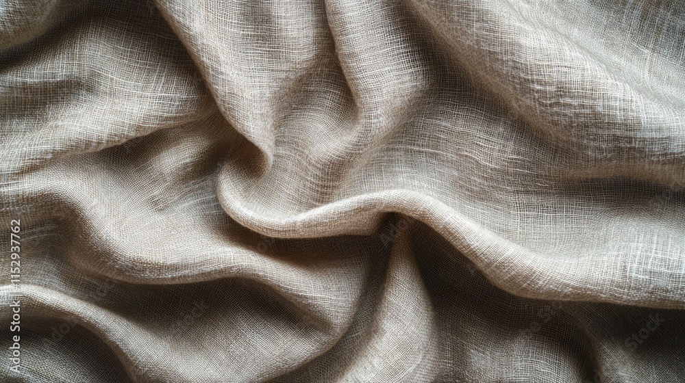 Fototapeta premium Natural sackcloth texture with soft folds contrasting against a wooden background for rustic and organic design themes.