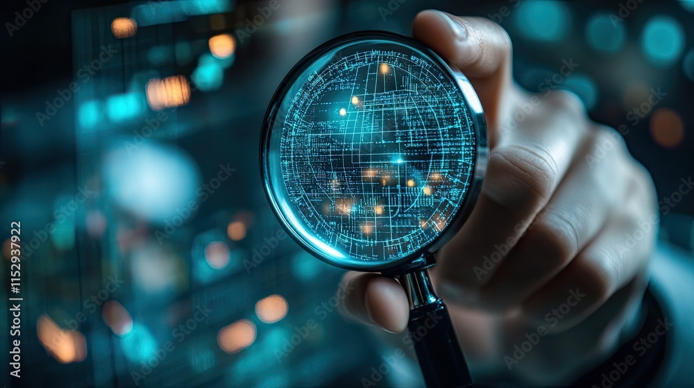 A person uses a magnifying glass to check their identity to increase their financial security and gain access to personal financial data. A biometrics security system is used A person uses a magnifying glass to check their identity to increase their financial security and gain access to personal financial data. A biometrics security system is used