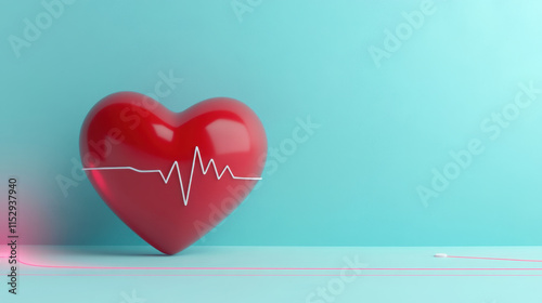 vibrant red heart with white pulse line on turquoise background symbolizes love and health. This striking image evokes emotions of care and vitality