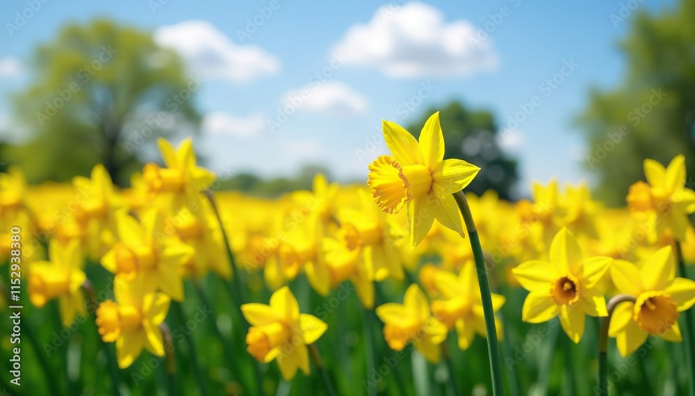 Obraz premium A field of bright yellow daffodils in full bloom, fields, sunflower
