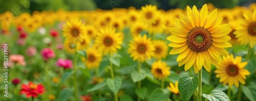 A patch of bright yellow sunflowers in a field of different colored flowers, garden, flowers photo