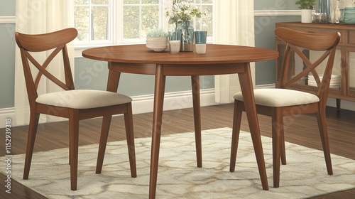 Mid Century Modern Dining Set Wood Table and Two Chairs