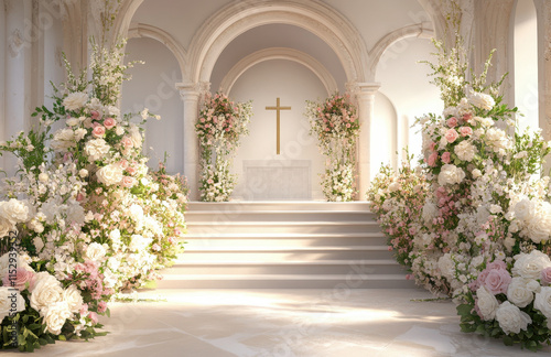 beautifully designed wedding stage featuring elegant floral arrangements, soft lighting, and central cross, creating serene and romantic atmosphere for ceremony