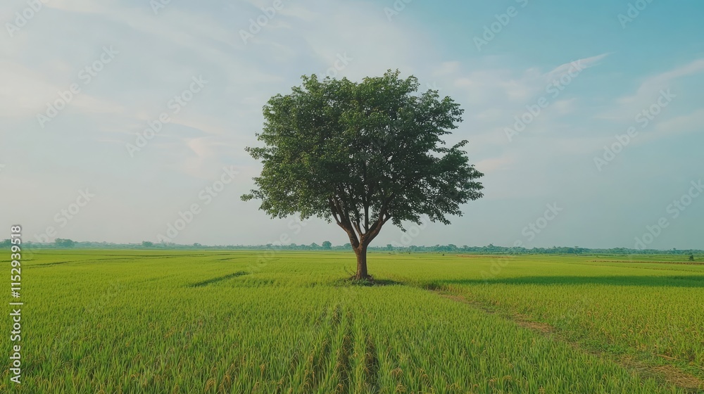 Lone tree in vibrant rice field under clear blue sky showcasing serene agricultural landscape and natural beauty. Lone tree in vibrant rice field under clear blue sky showcasing serene agricultural landscape and natural beauty.