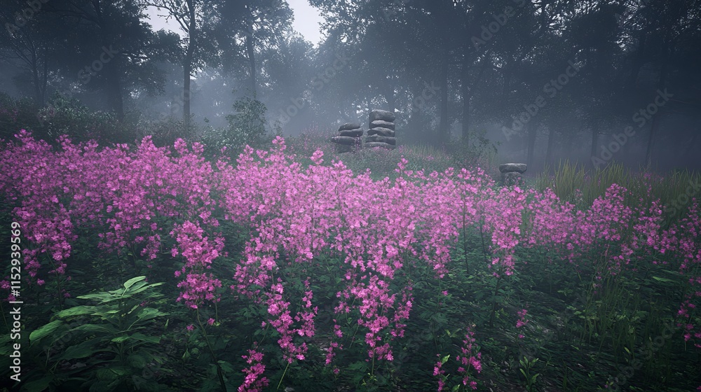Obraz premium Misty Forest Meadow with Pink Flowers and Stone Ruins