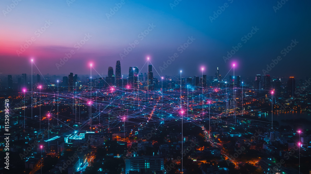 Fototapeta premium Abstract businesswoman stands on the peak of success Smart digital city with connection cyber security network reciprocity over the cityscape future wireless digital city and social media networking