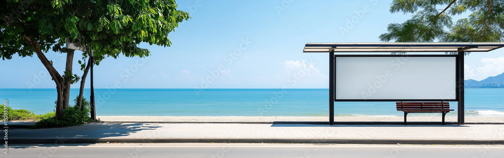 The blank board at seaside bus stop in summer The blank board at seaside bus stop in summer
