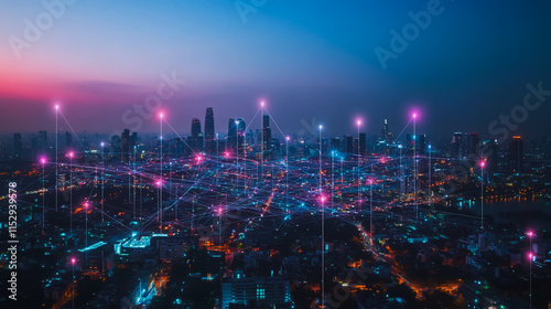 Abstract businesswoman stands on the peak of success Smart digital city with connection cyber security network reciprocity over the cityscape future wireless digital city and social media networking