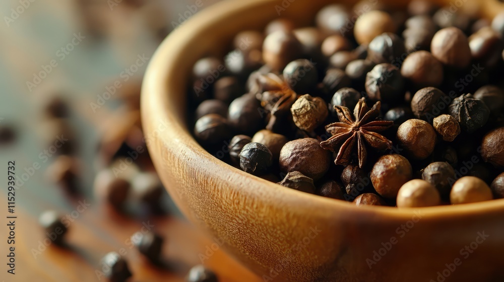 Aromatic blend of whole spices in wooden bowl showcasing natural flavors and culinary artistry in vibrant rustic kitchen setting