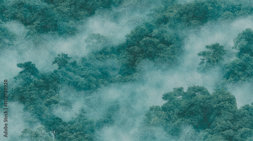 Fototapeta premium Misty Rainforest Canopy Aerial View Lush Green Foliage Enveloped in Fog