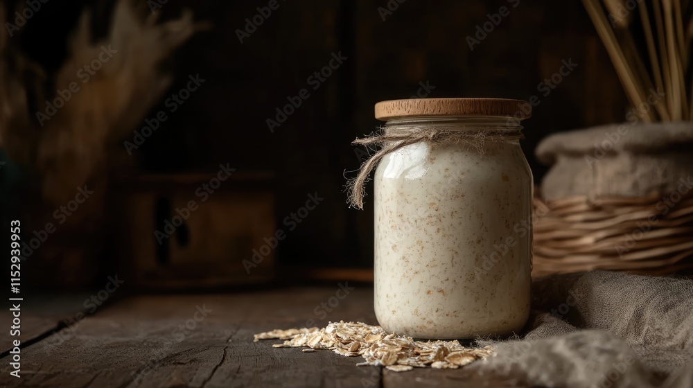 Homemade natural yogurt with muesli served in a rustic jar on a wooden table with oats scattered around for a healthy breakfast concept Homemade natural yogurt with muesli served in a rustic jar on a wooden table with oats scattered around for a healthy breakfast concept