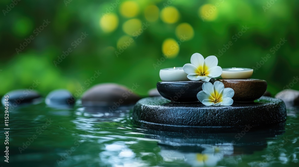 Zen spa tranquility with stones and flowers in serene water setting promoting relaxation and wellness in nature. Zen spa tranquility with stones and flowers in serene water setting promoting relaxation and wellness in nature.