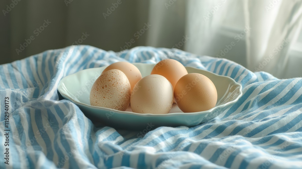 Naturally dyed Easter eggs arranged in a bowl on a soft blue striped cloth with natural light illuminating the scene Naturally dyed Easter eggs arranged in a bowl on a soft blue striped cloth with natural light illuminating the scene