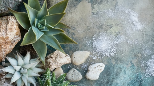 Natural textures of stone and succulent plants with sea salt on a textured background for botanical or coastal design themes photo