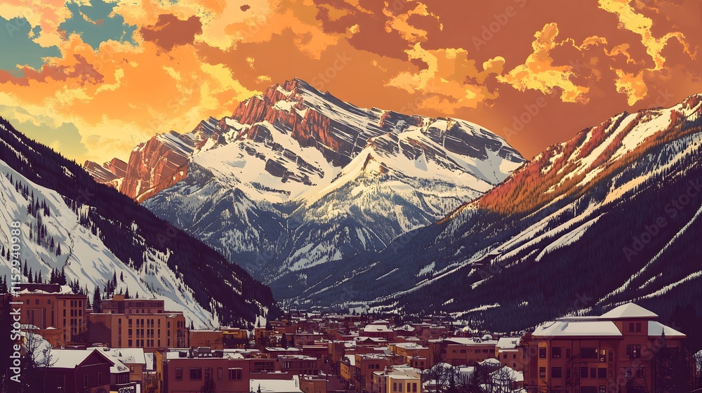 Fototapeta premium Mountain Town Sunset Scenic Winter Landscape