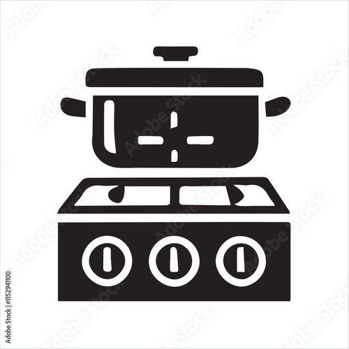 Cooking Essentials Icon: A bold and minimalist illustration of a cooking pot resting upon a stove, representing the essence of culinary arts.