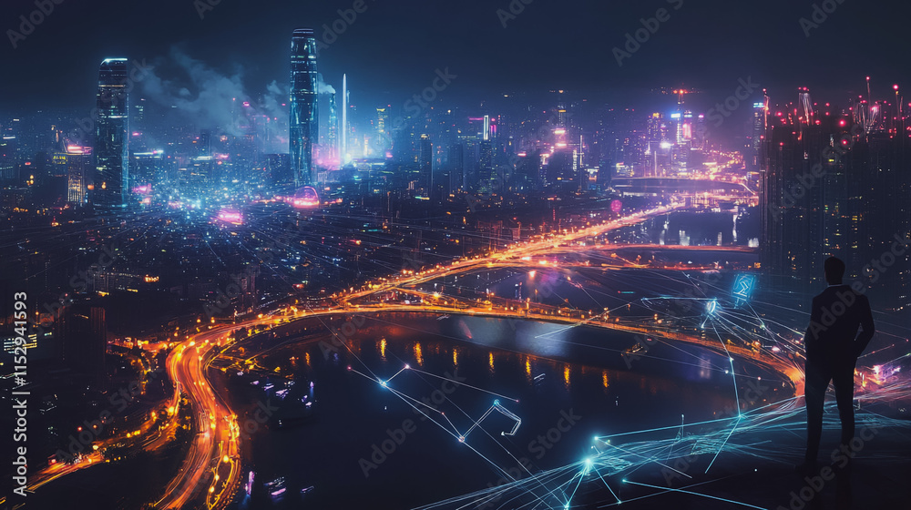 Fototapeta premium Abstract businesswoman stands on the peak of success Smart digital city with connection cyber security network reciprocity over the cityscape future wireless digital city and social media networking