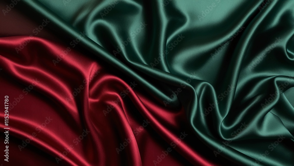 Obraz premium Luxury silk fabric with wrinkles noisy background in red and green shine shade for web designs, background textures, wedding, fashion themes and concepts. 