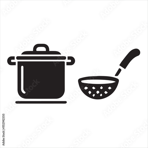 Cooking Essentials: A sleek, minimalist monochrome illustration of a cooking pot and a slotted spoon, representing culinary tools for creating and serving delicious food.