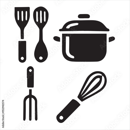 Culinary Ensemble: A minimalistic illustration of essential kitchen tools including a spatula, slotted spoon, cooking pot, whisk, and fork. Highlighting cooking essentials and culinary arts.