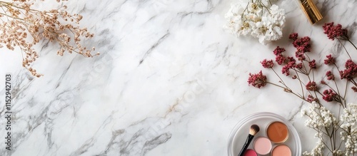 Stylish marble backdrop featuring beauty and fashion products with floral accents ideal for feminine lifestyle blogging and social media content photo