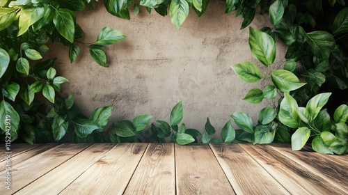 Green foliage frame on wooden surface for nature backgrounds or eco-friendly themes with textured wall backdrop photo