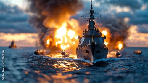 Dramatic Military Ship Explosion at Stormy Sunset Scene photo