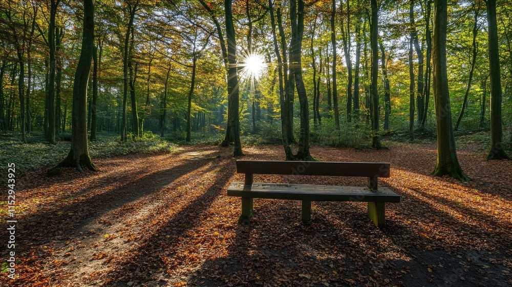 Serene forest landscape with a bench surrounded by autumn foliage and sun rays filtering through the trees creating a tranquil atmosphere Serene forest landscape with a bench surrounded by autumn foliage and sun rays filtering through the trees creating a tranquil atmosphere