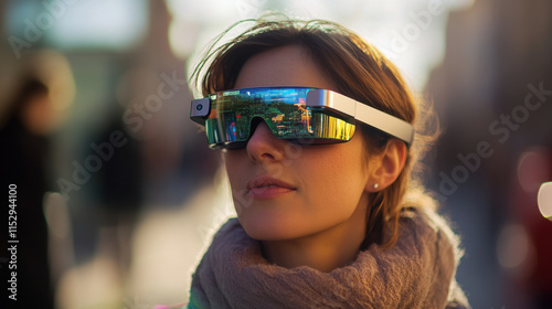 person wearing augmented reality glasses in urban setting, showcasing advanced technology and innovation. reflective lenses capture vibrant cityscape, creating futuristic atmosphere