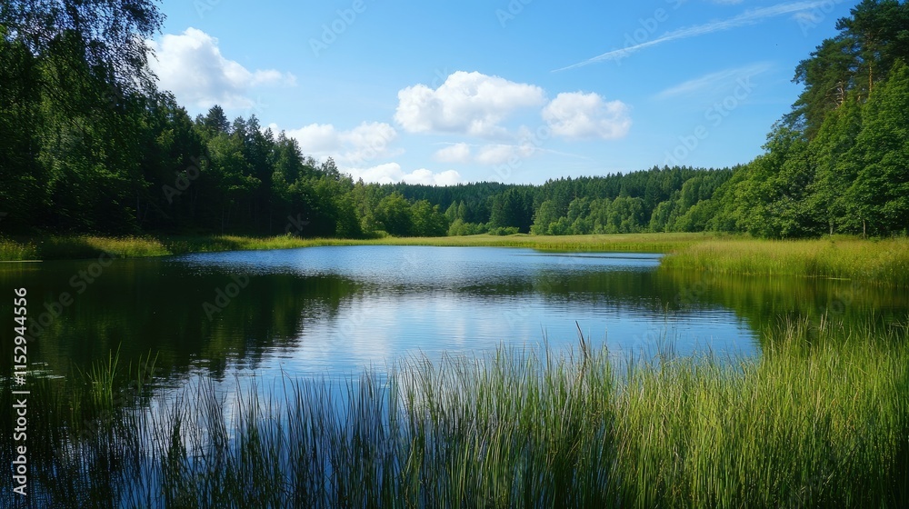 Serene Landscape of Tranquil Lake Surrounded by Lush Green Forest Under Clear Blue Sky Perfect for Nature and Outdoor Adventure Tours Serene Landscape of Tranquil Lake Surrounded by Lush Green Forest Under Clear Blue Sky Perfect for Nature and Outdoor Adventure Tours