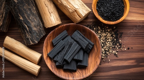 Natural hardwood charcoal and wooden logs on rustic background showing traditional odorless charcoal for cooking and grilling purposes
