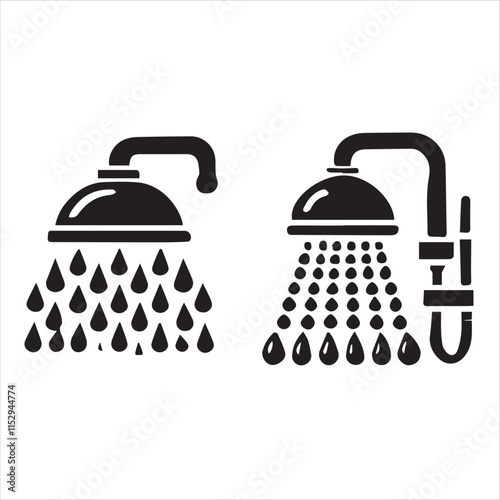 Shower head design: A simplistic black and white illustration showcases two distinct shower head designs, featuring water droplets, clean lines, and a modern aesthetic.