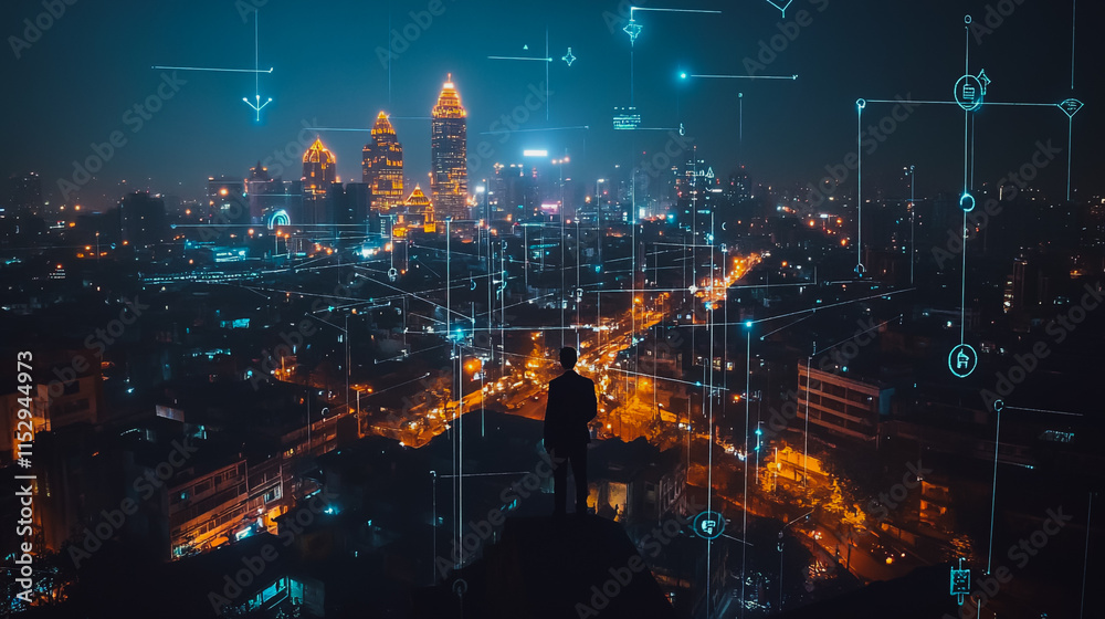 Abstract businesswoman stands on the peak of success Smart digital city with connection cyber security network reciprocity over the cityscape future wireless digital city and social media networking Abstract businesswoman stands on the peak of success Smart digital city with connection cyber security network reciprocity over the cityscape future wireless digital city and social media networking