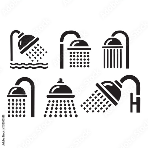 Shower heads illustration collection: A versatile array of shower head illustrations, perfect for design projects related to bathrooms, hygiene, and home decor. Each one symbolizes cleansing. 