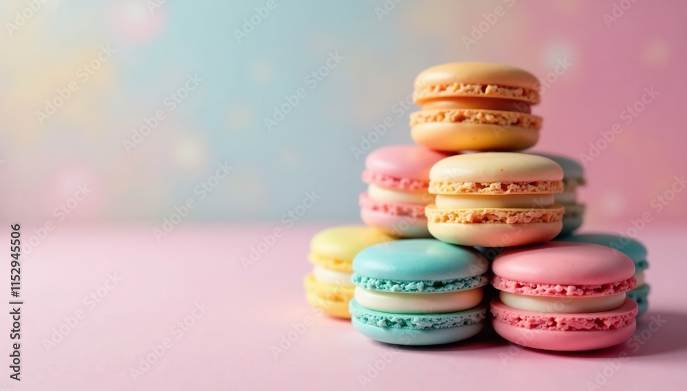 Brightly colored cupcakes and macarons in a pyramid shape, pastel colors, macarons Brightly colored cupcakes and macarons in a pyramid shape, pastel colors, macarons