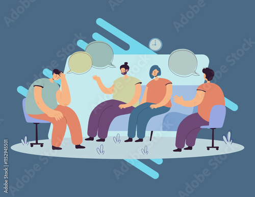 Depressed people counseling with psychologist flat vector illustration. Cartoon characters talking with doctor on psychotherapist sessions. Group therapy and support concept