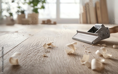 Close-up of woodworking tools with wood shavings on a workbench in a sunlit workshop. photo