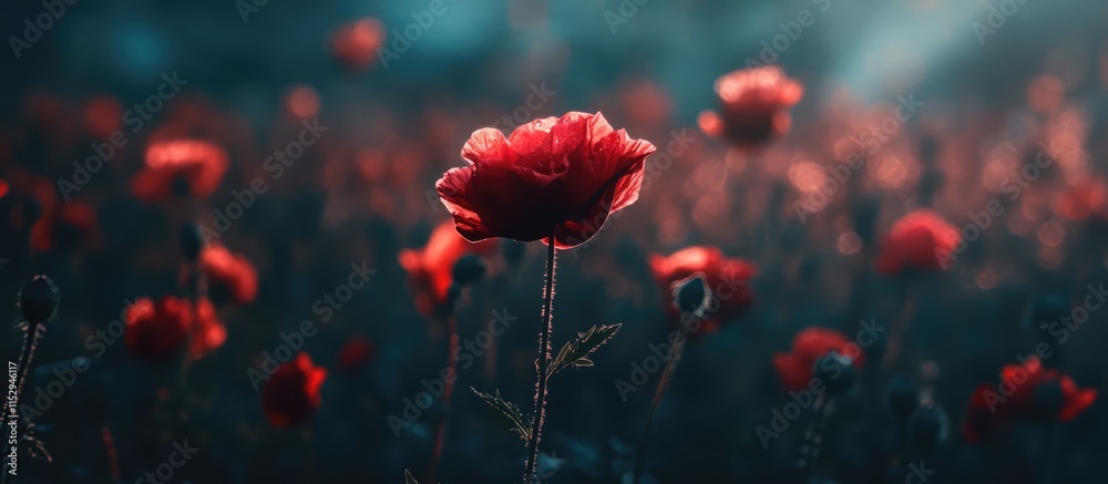 Obraz premium Vibrant red poppies blooming in a serene nature setting with soft sunlight creating a dreamy atmosphere and blurred background.
