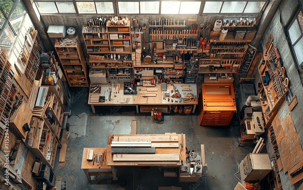 Aerial view of a woodworking studio filled with tools and wooden materials. Creative workspace. Aerial view of a woodworking studio filled with tools and wooden materials. Creative workspace.