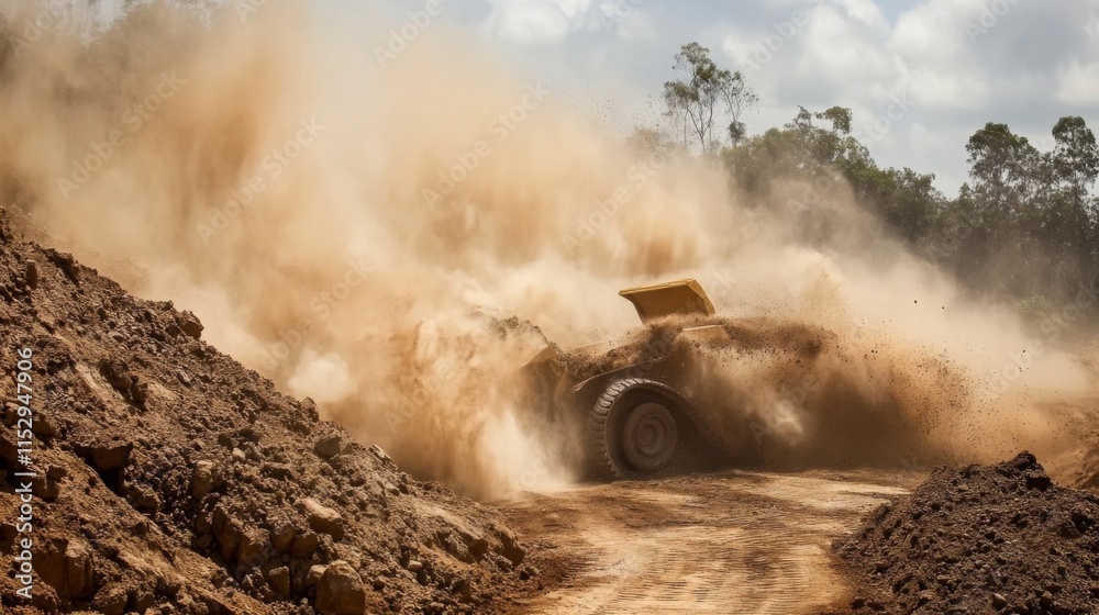 Obraz premium Dusty Excavation Scene with Mining Equipment